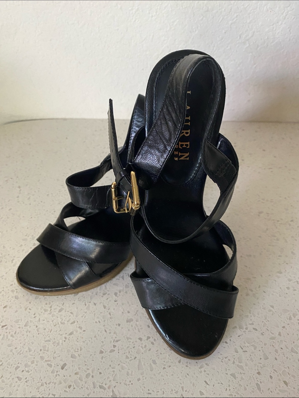 Lauren Ralph Lauren Black Leather Crisscross Slingback Heels